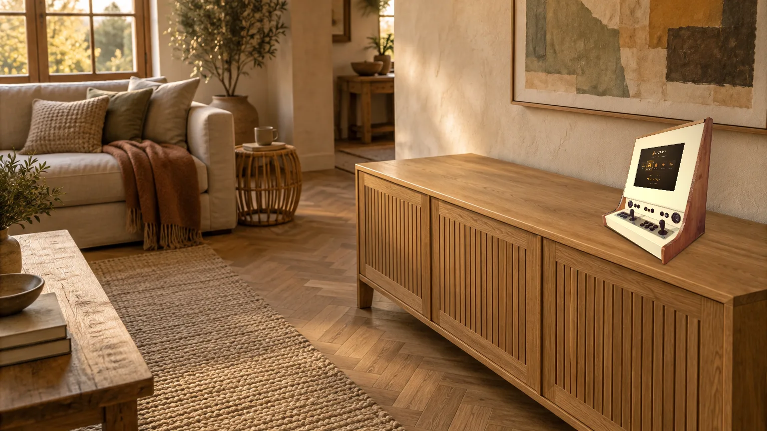 Concept visualisation: a handcrafted wooden arcade in a rustic apartment